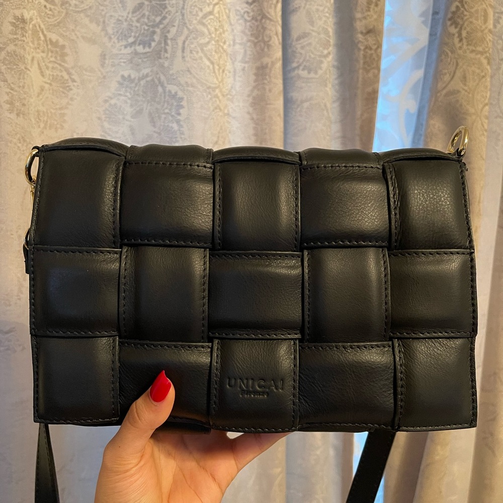 Black woven crossbody leather bag. Made in ITALY